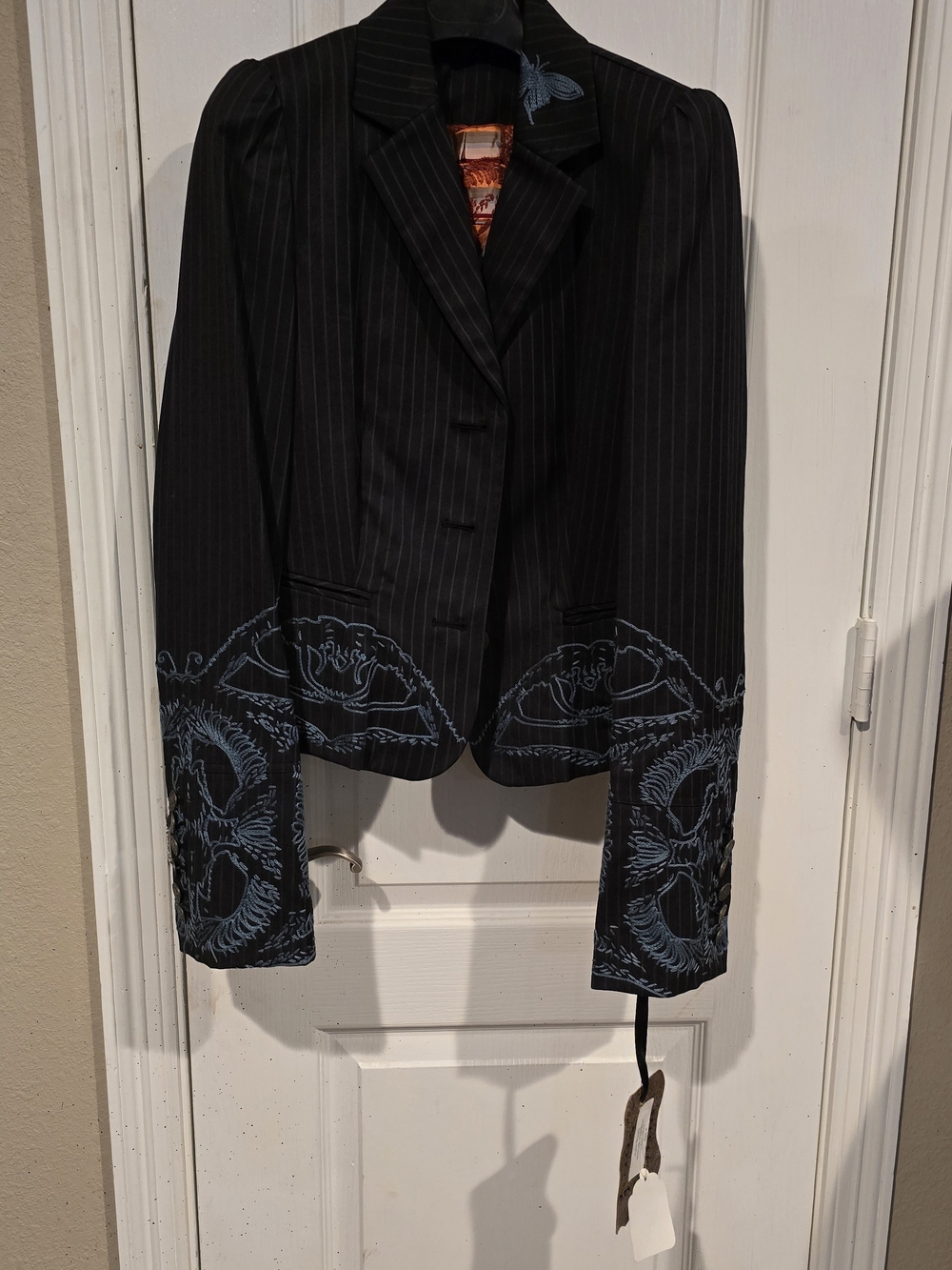 Asylum Raw 7 YTK Black Pinstripe Blazer with Blue Embroidered Cuff Detail NWT
